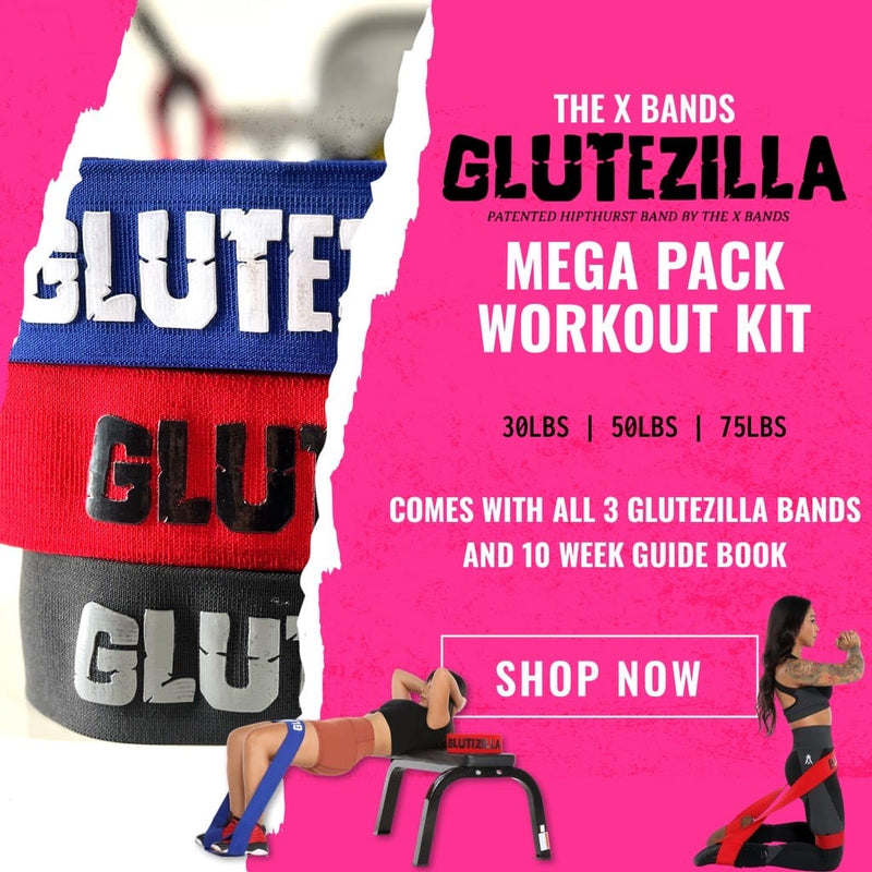 The X Bands Mega Pack all 3 GLUTEZILLA Patented Hip Thrust Workout Band